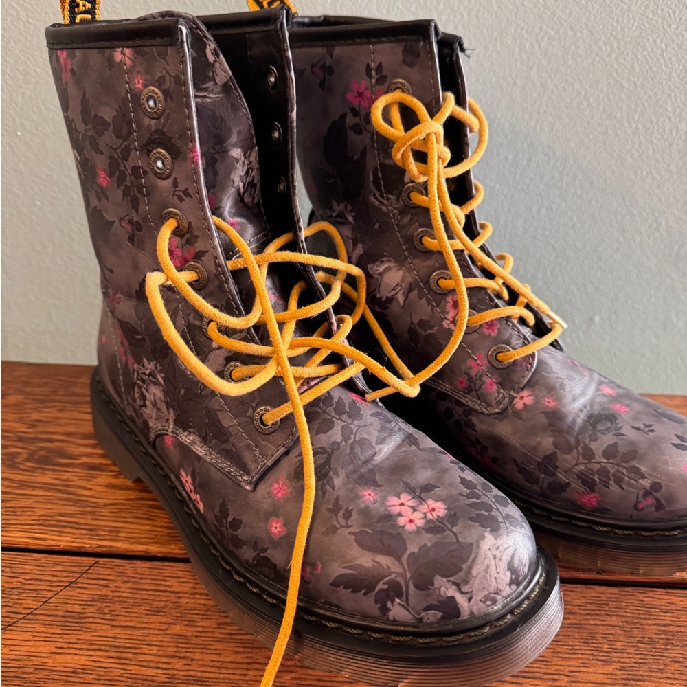 Floral Lace-Up Boots with Yellow Laces